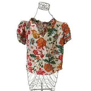 Atelier NICOLE MILLER Floral Print Puff Sleeve Boho Blouse Top Women's Size L